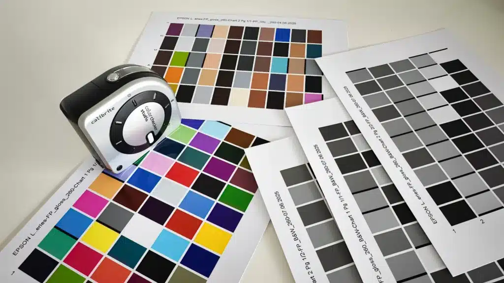 Kolorymetr Calibrite ColorChecker Studio leżący na kilku wydrukowanych wzornikach kolorów i skalach szarości, w tym Epson L-Series. Zestaw ten jest używany do profilowania drukarek i tworzenia dokładnych profili ICC, co jest kluczowe dla precyzyjnej reprodukcji barw i zarządzania kolorem w druku.